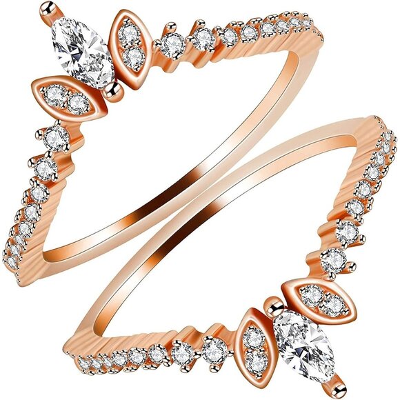 🆕 Women Gold Marquise Stack Rings Sterling Crown Wedding Engagement Guard Gift - Picture 1 of 8
